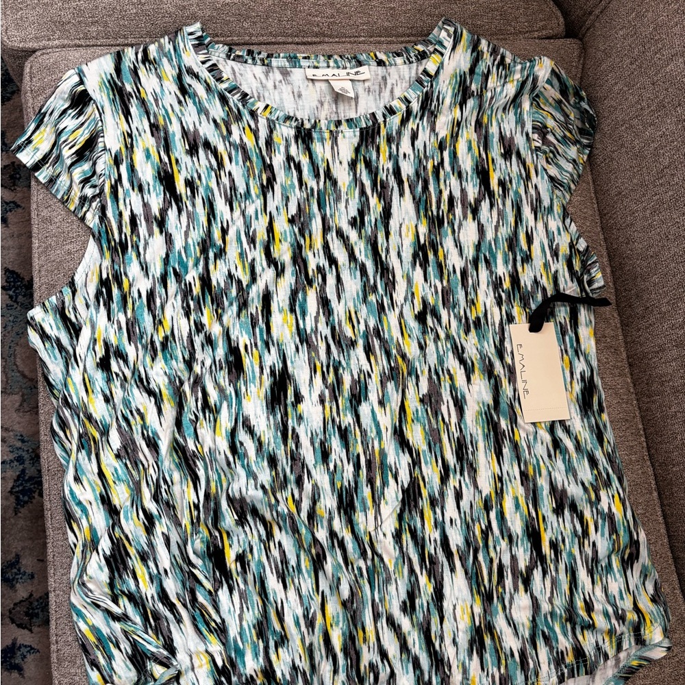 White and Blue Pleated Relaxed Blouse